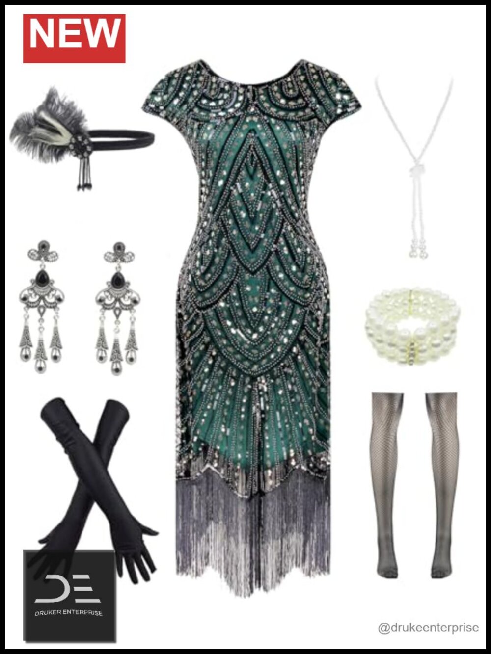 Vintage Lace Fringed Gatsby 1920s Cocktail Dress with 20s Accessories Set